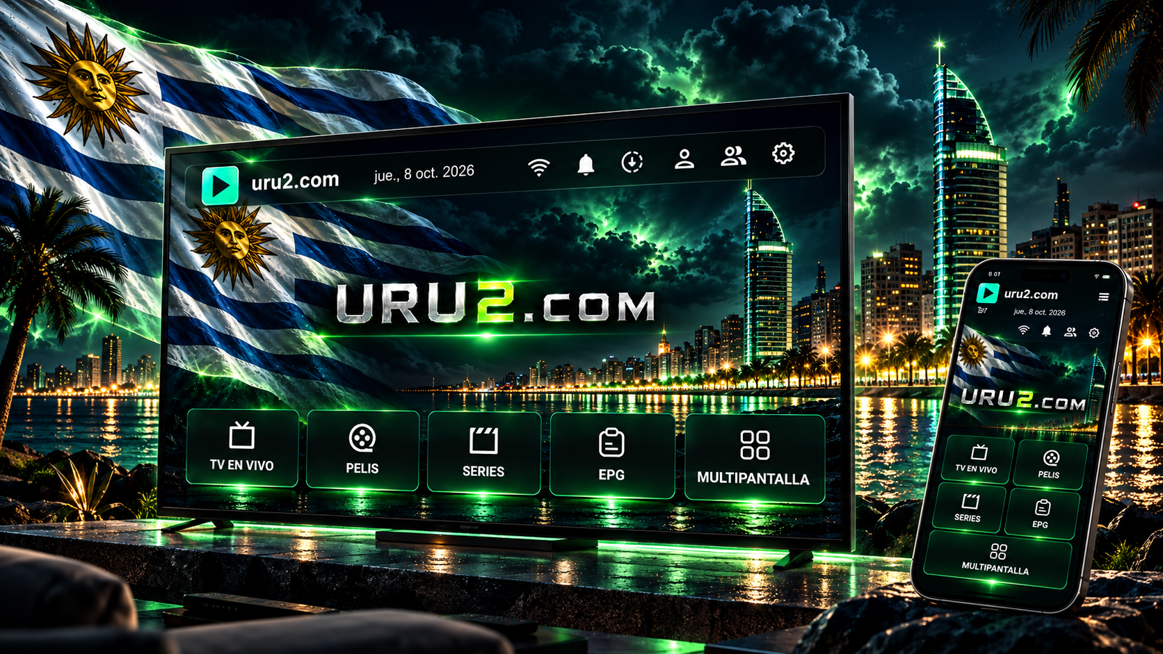 uru2 en un televisor y un celular